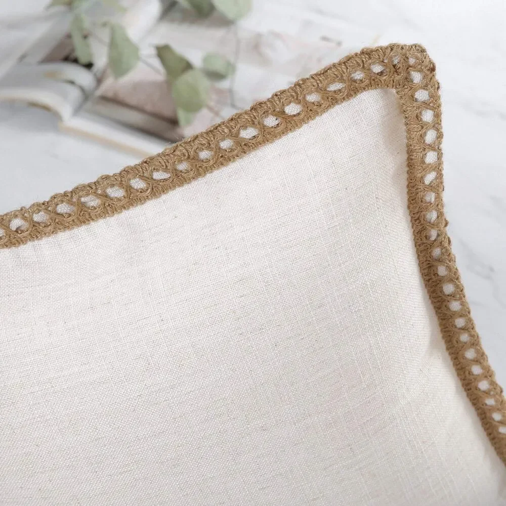 Decorative Throw Pillow Covers Burlap Linen Trimmed Tailored Edges Off White